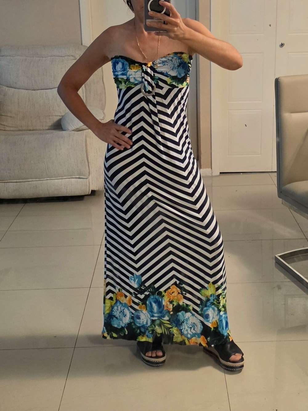 Striped Strapless Maxi Dress with Blue Floral Trim
